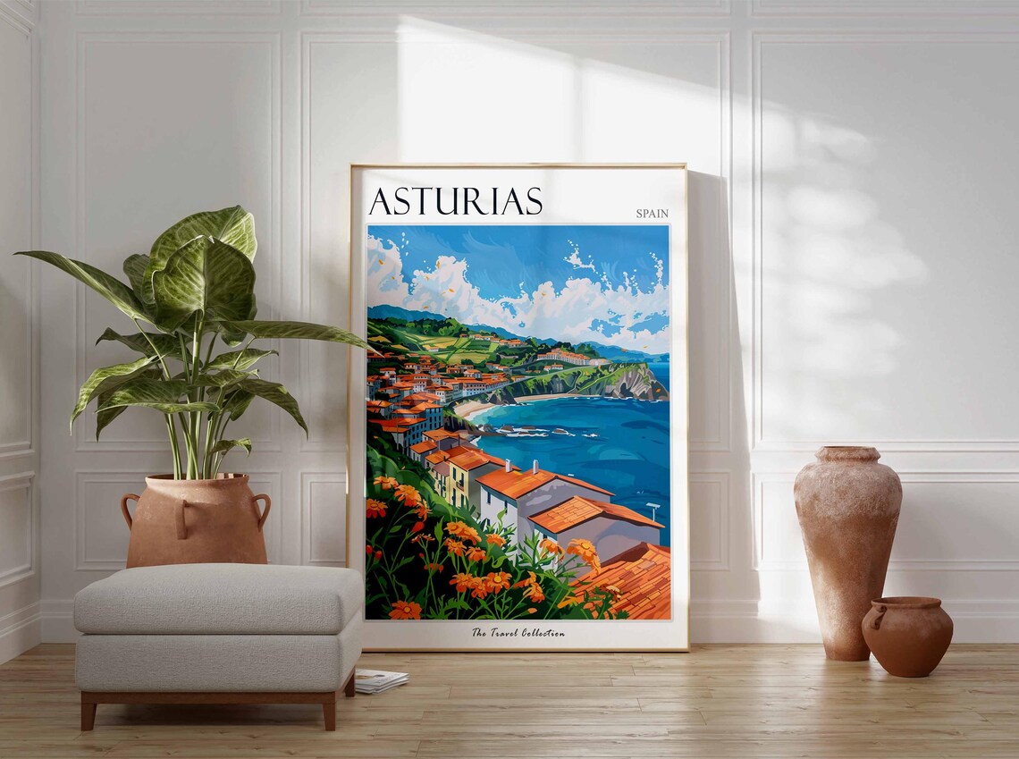 Asturias Spain Coastal Village Orange Rooftops Seaside Poster - Image 3