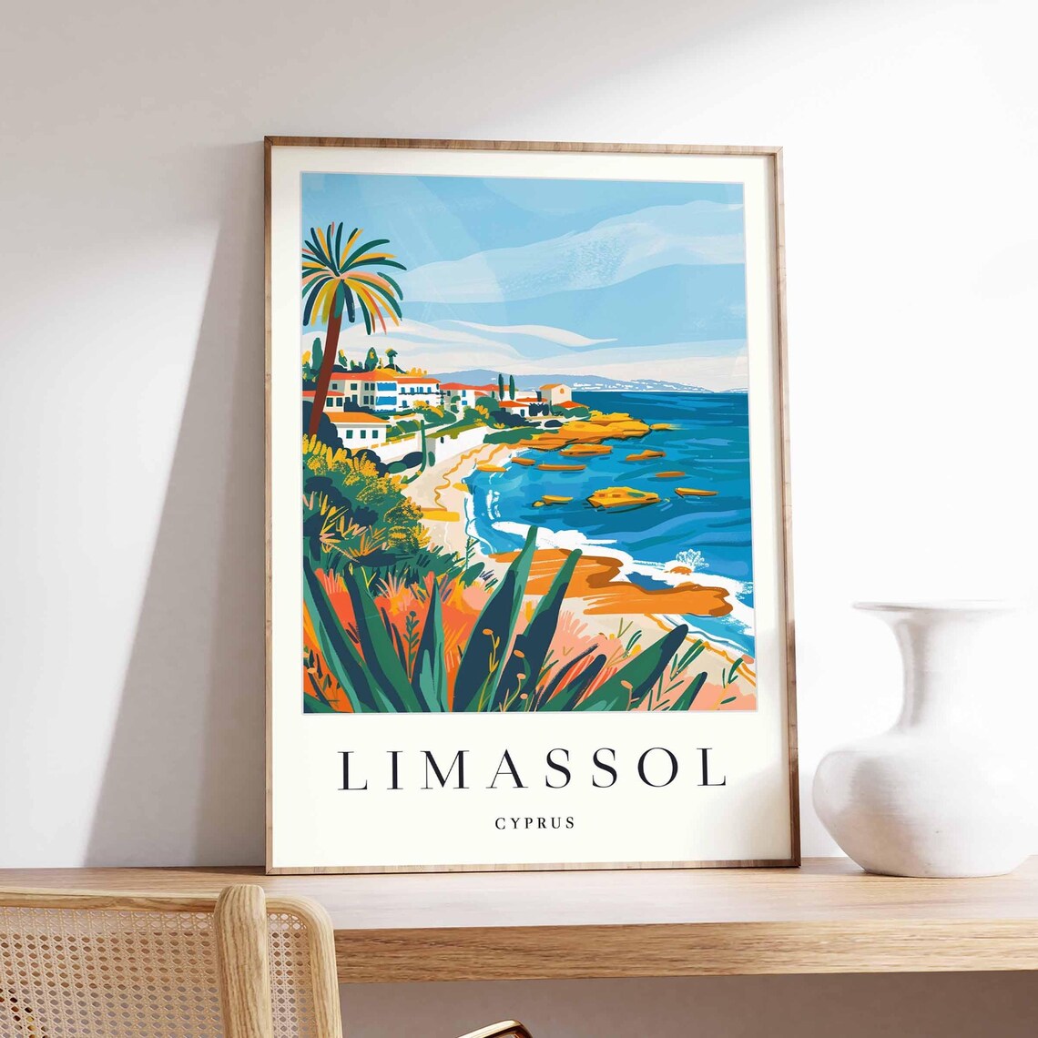 Limassol Cyprus Rocky Coast Palm Tree Sea View Travel Poster