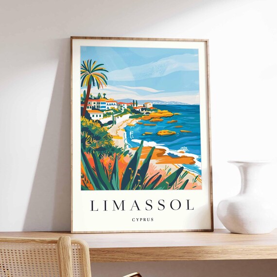 Limassol Cyprus Rocky Coast Palm Tree Sea View Travel Poster