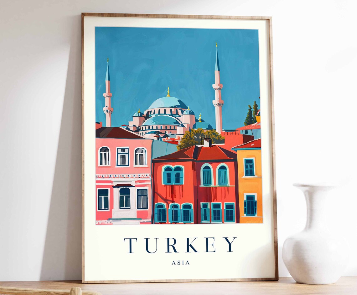 Turkey Grand Mosque Domes Minarets Colorful City Houses Poster