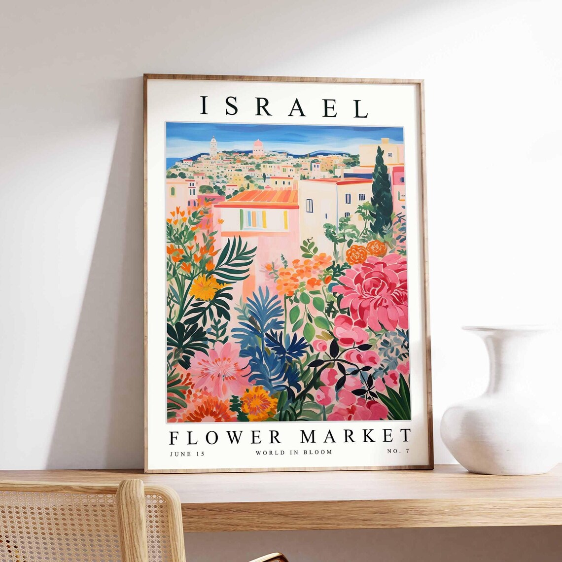Israel Flower Market Pastel Village Pink Blossom Scene Poster