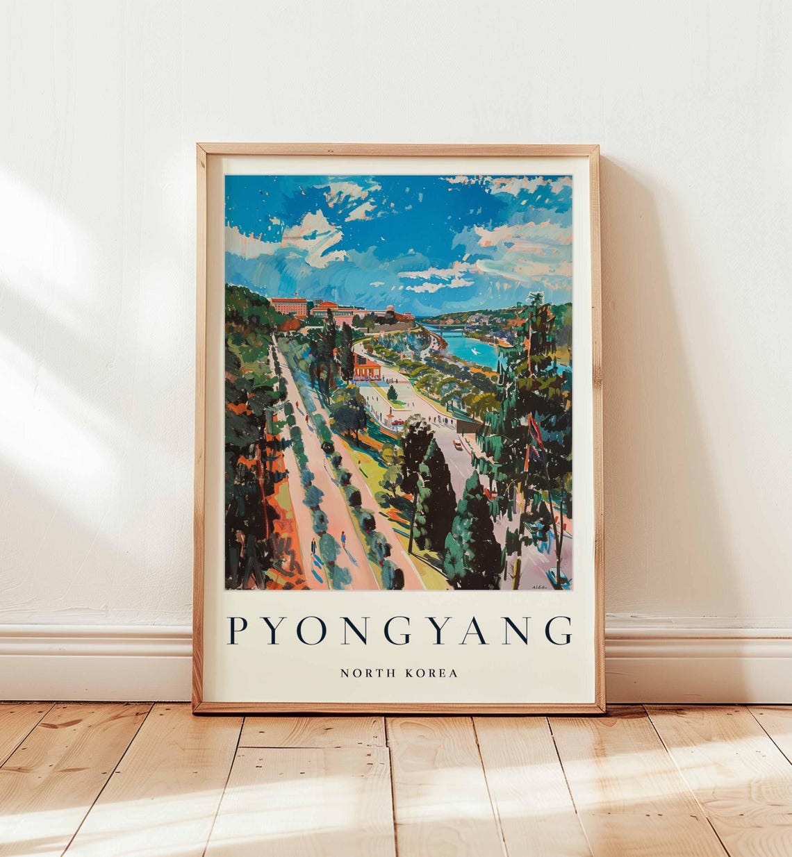 Pyongyang North Korea Tree Lined Boulevard River Travel Poster