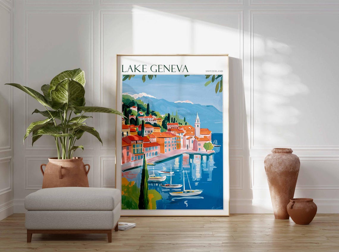 Lake Geneva Poster Switzerland Travel Print Swiss Decor Europe Travel Poster European Wall Art Lake Geneva Travel Poster - Image 3