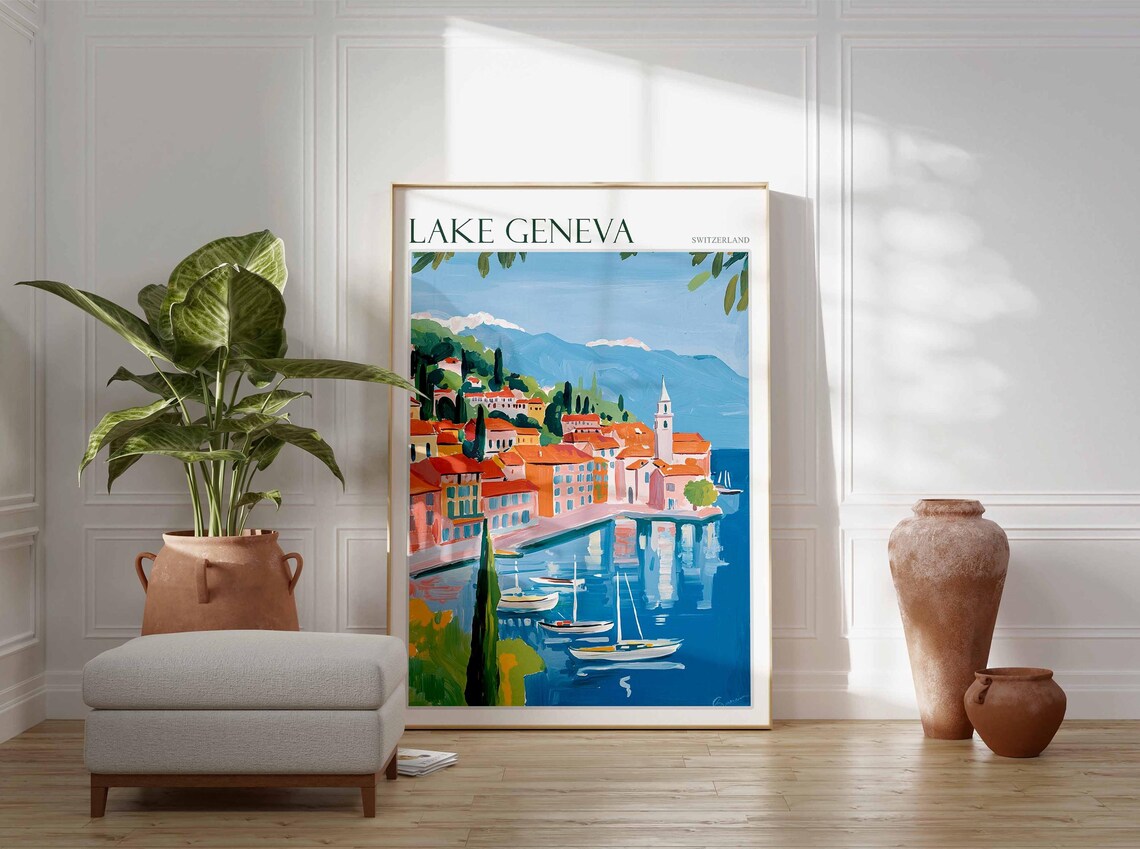 Lake Geneva Switzerland Orange Rooftop Harbor Boats Painting Poster - Image 3