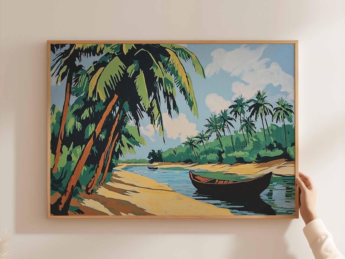 Bangladesh Tropical Lagoon Travel Poster Palms Canoe Beach Painting