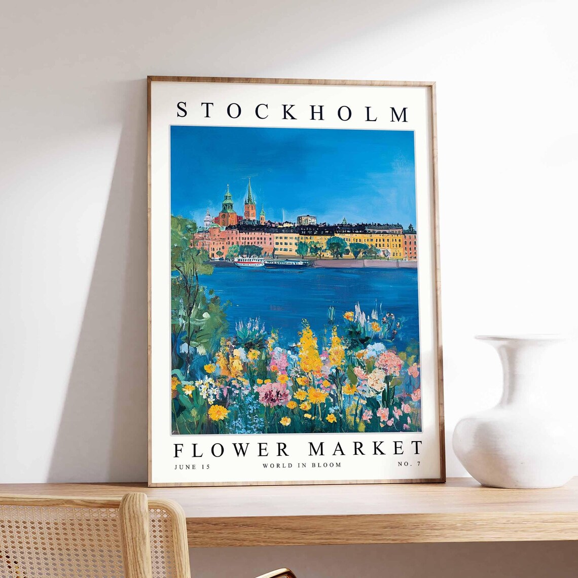 Stockholm Flower Market Waterfront Boats Golden Wildflowers Poster