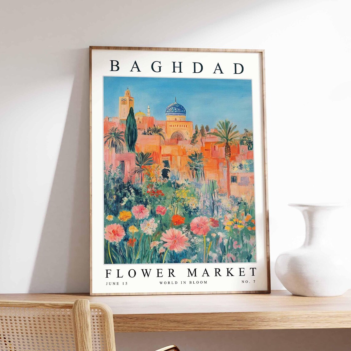 Baghdad Terracotta City Blue Dome Cosmos Field Flower Market Poster
