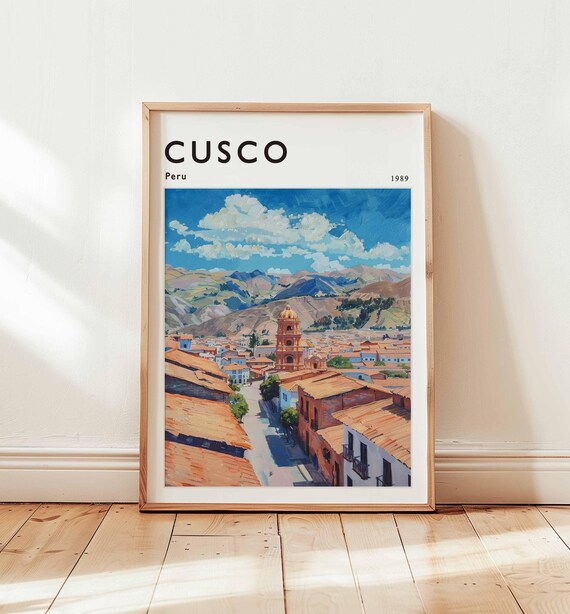 Cusco Peru Travel Poster 1989 Church Tower and Mountain Cityscape Art