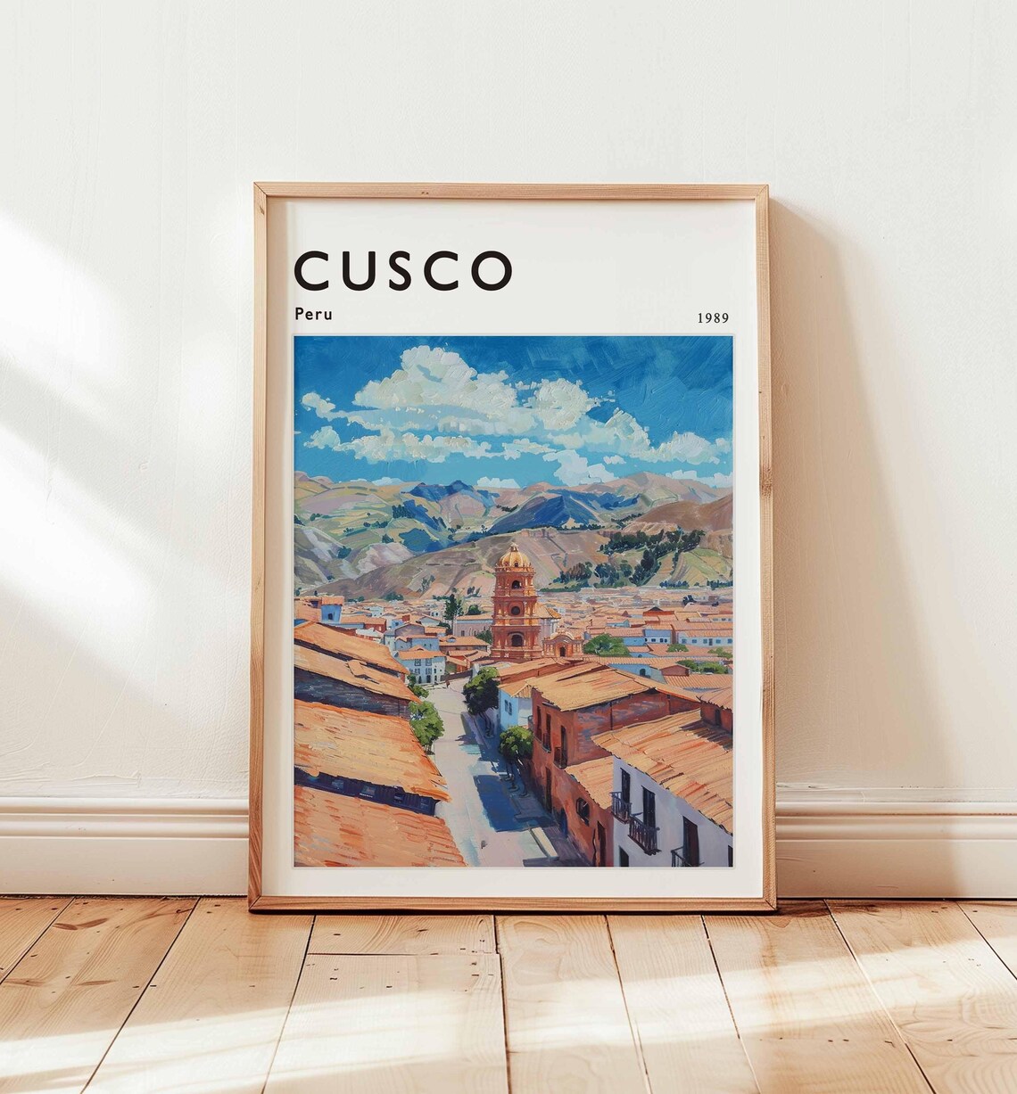 Cusco Peru Travel Poster 1989 Church Tower and Mountain Cityscape Art