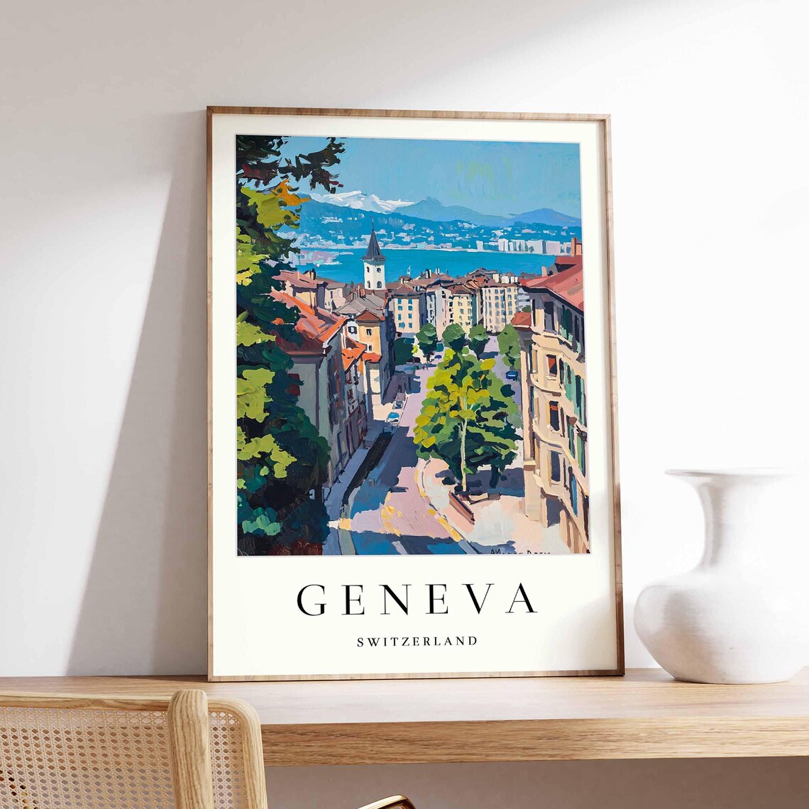 Geneva Switzerland Clock Tower Street Lake Mountain View Travel Poster