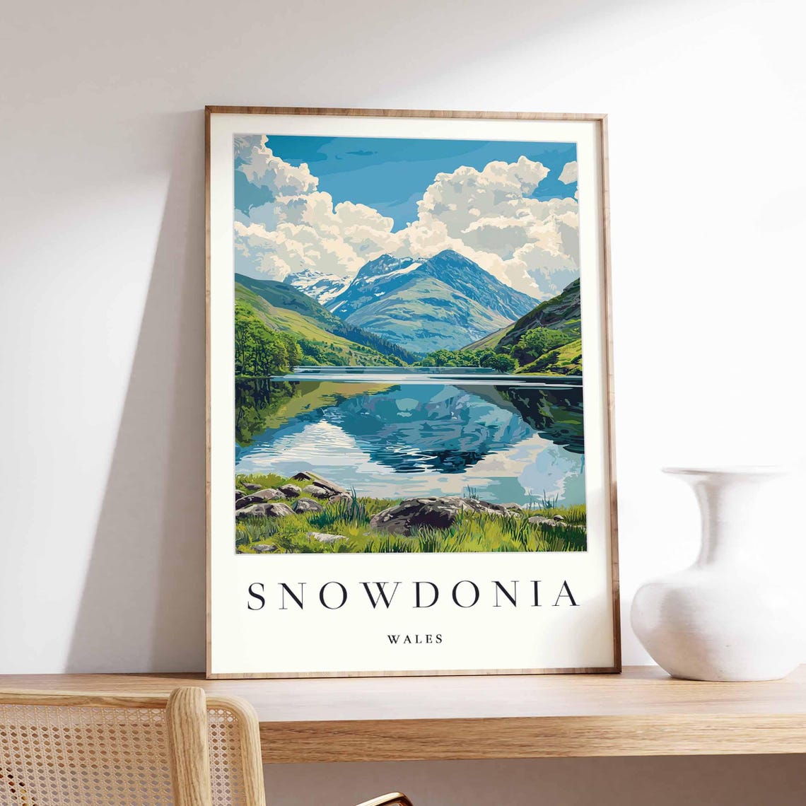 Snowdonia Wales Tranquil Lake Reflection Green Hills Travel Poster