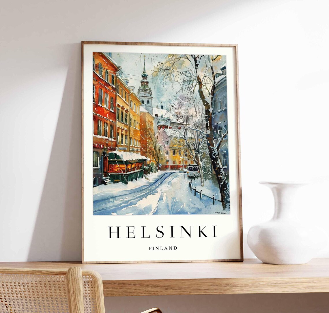 Helsinki Finland Snowy Winter Street Watercolor Travel Poster