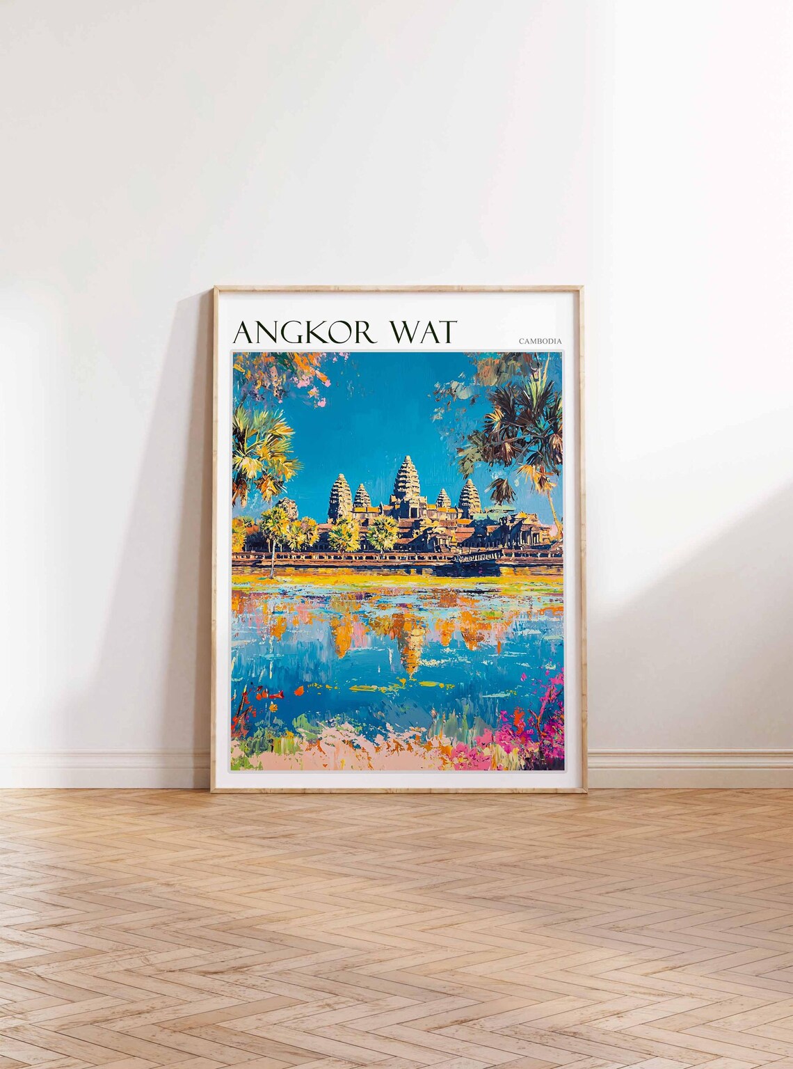 Angkor Wat Cambodia Sunset Reflection Palm Trees Travel Poster - Image 3