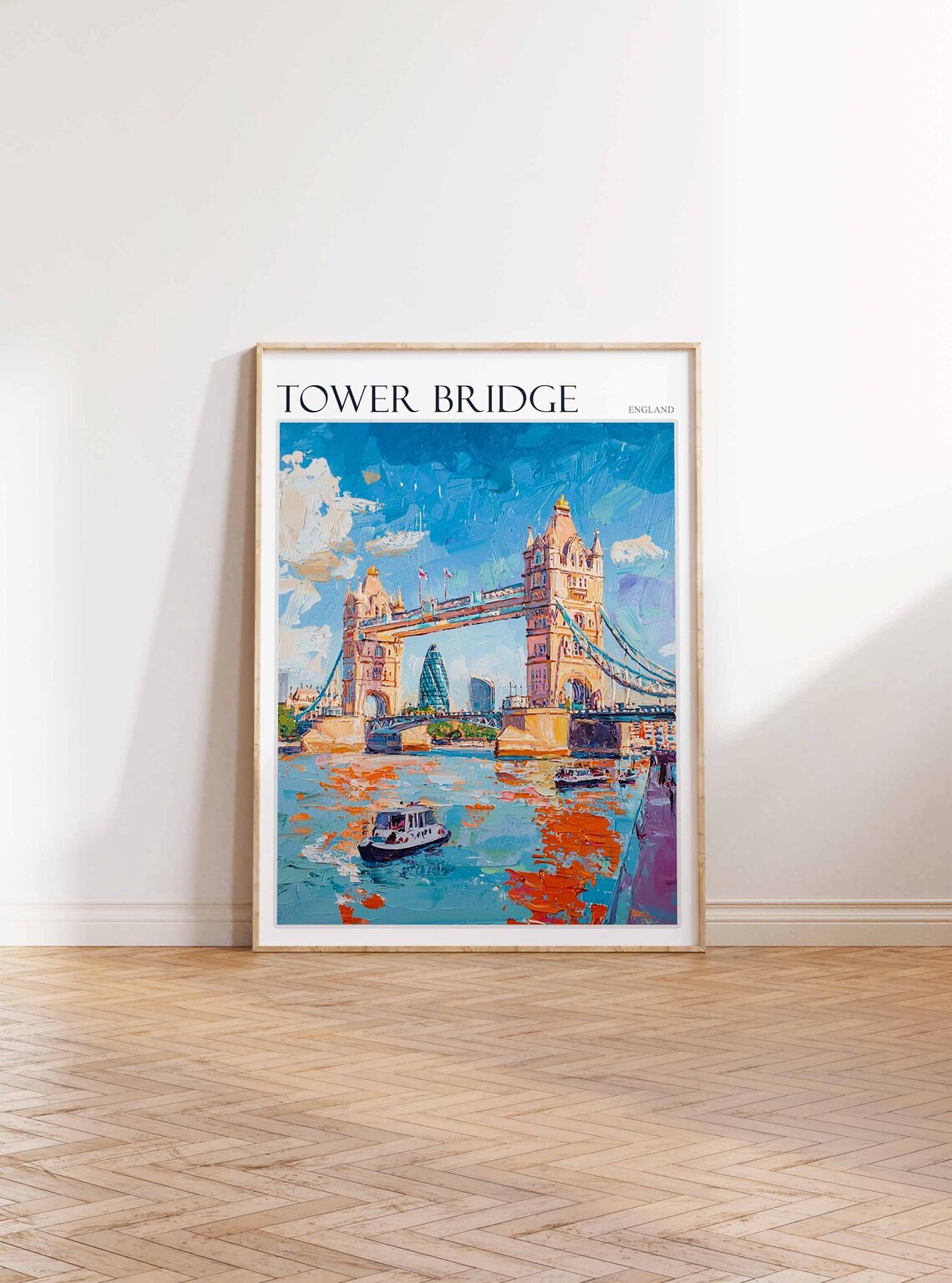 Tower Bridge River Boats Gherkin Impasto Painted London Art Poster - Image 2