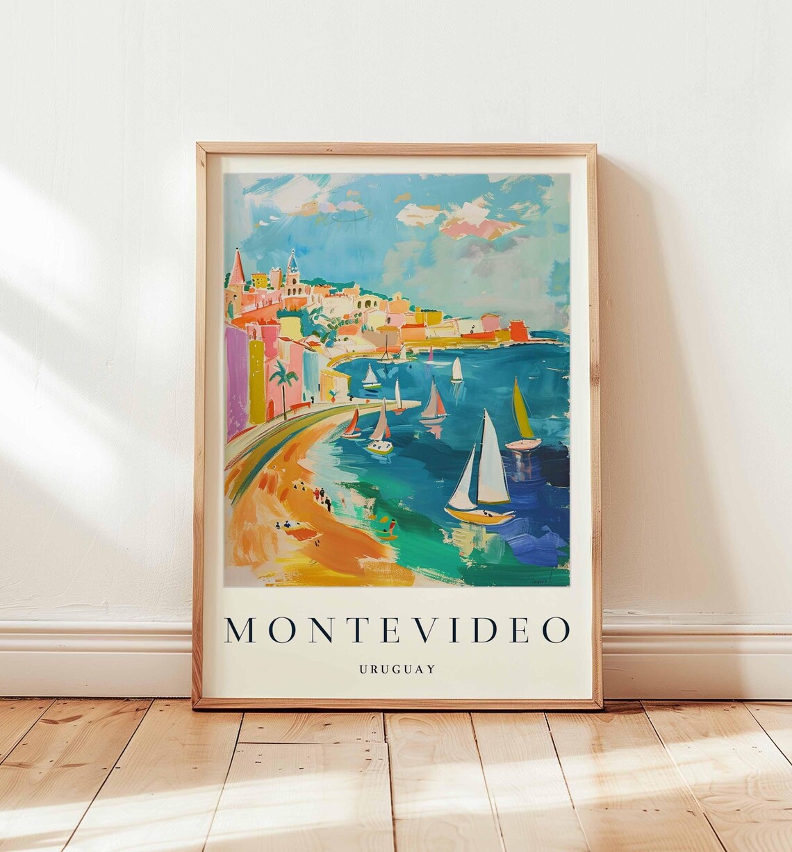 Montevideo Uruguay Sailboats Bay Colorful Beach Watercolor Poster