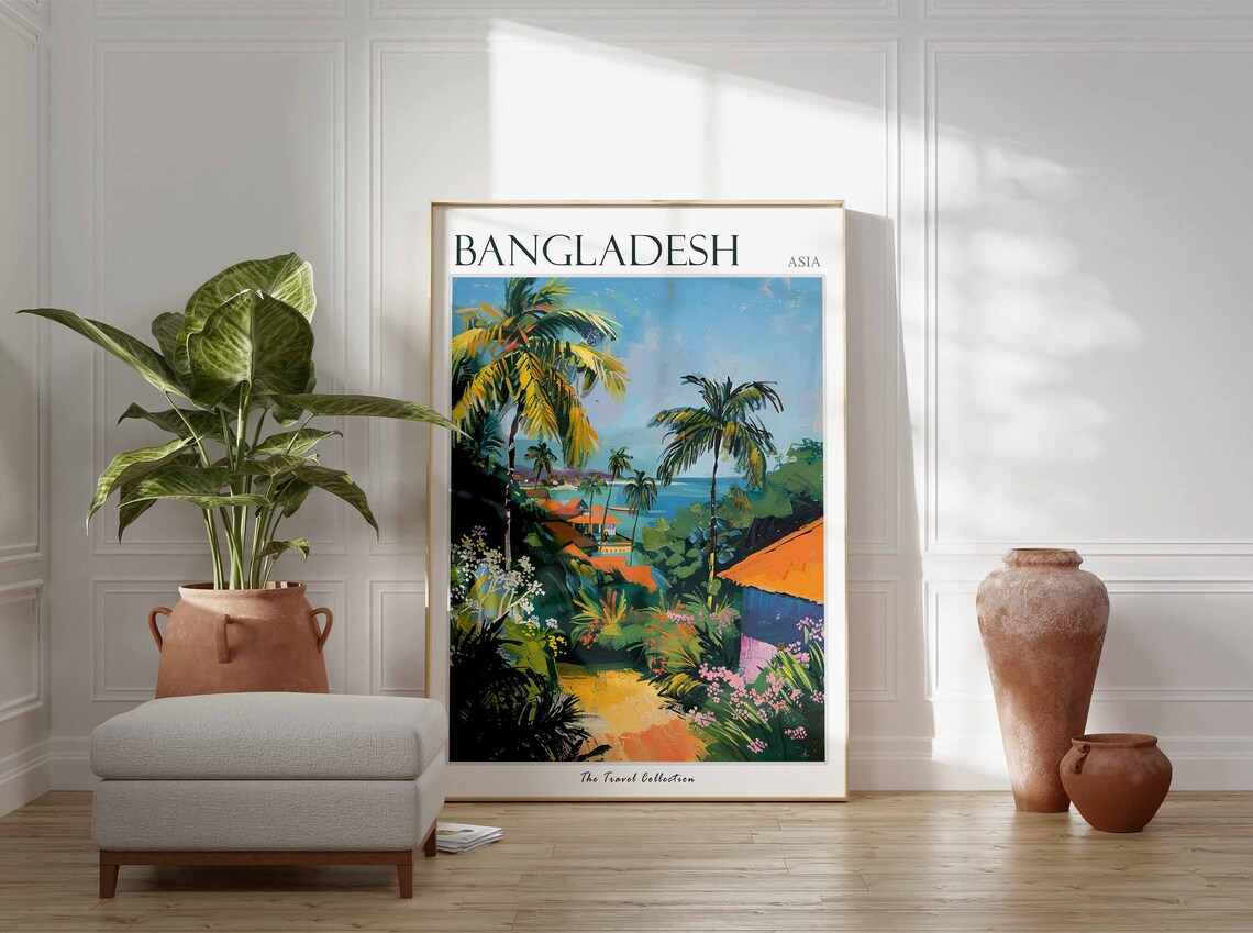 Bangladesh Asia Tropical Palm Coast Colorful Village Art Poster - Image 2