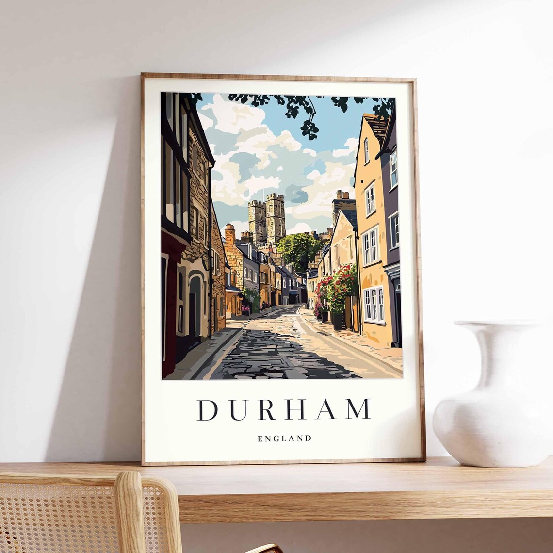 Durham England Cobblestone Street Cathedral City Travel Poster