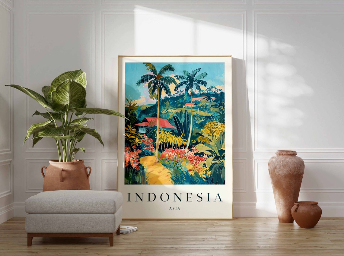Indonesia Tropical Jungle Palm Trees Village Path Painting Poster - Image 3