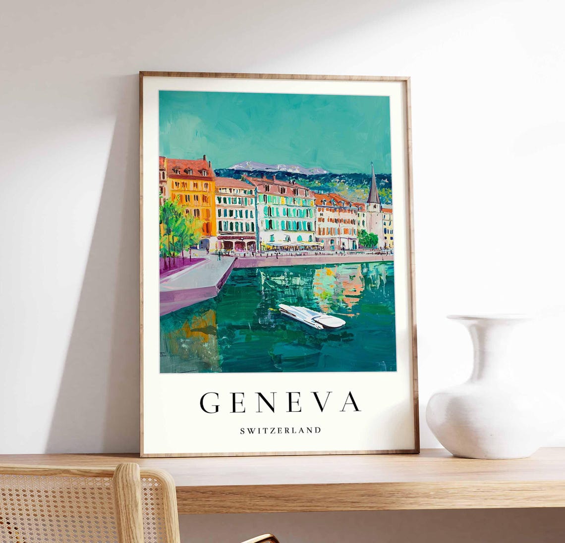 Geneva Switzerland Colorful Quay With Boat On The Lake Poster