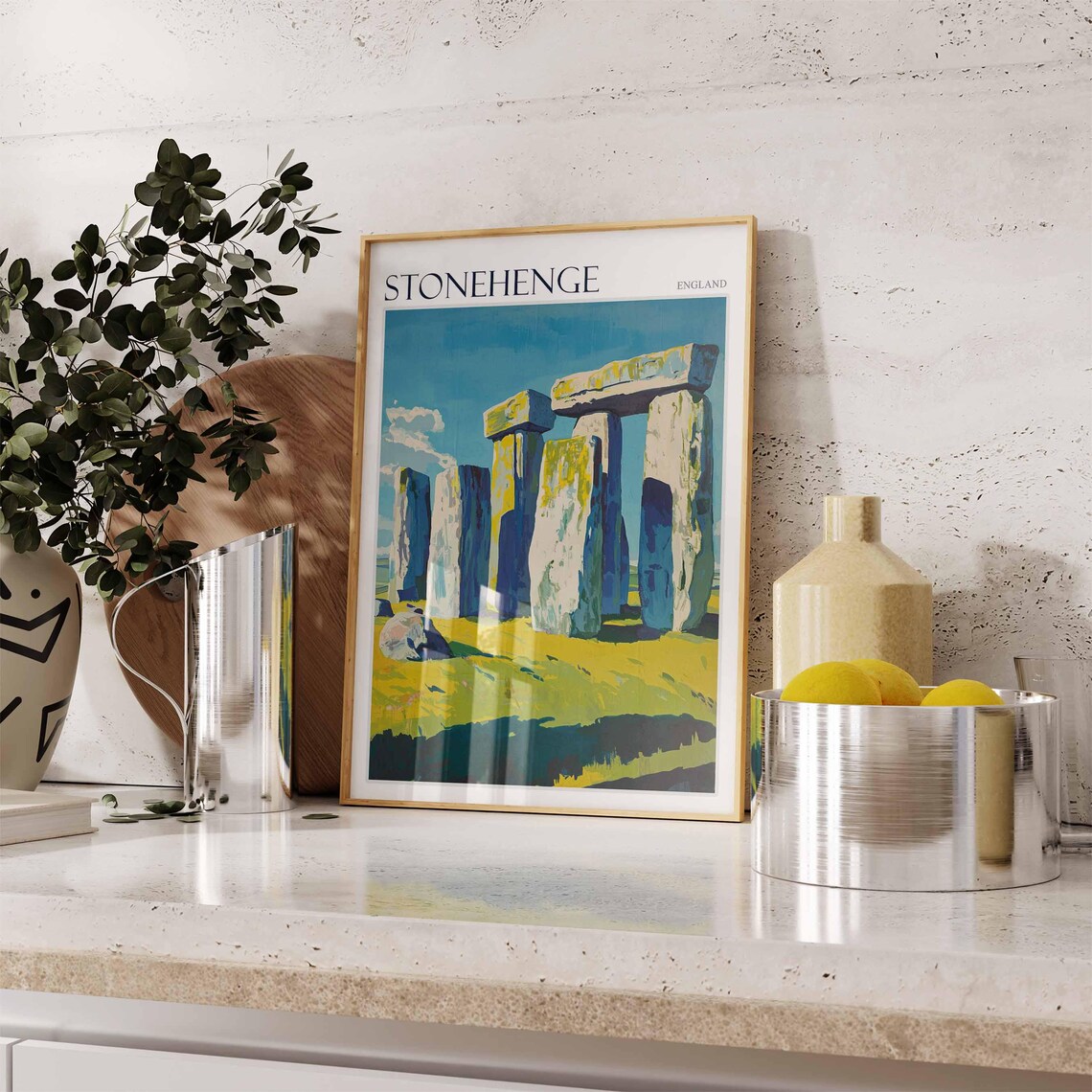 Stonehenge England Painted Trilithon Stones Blue Sky Travel Poster - Image 2