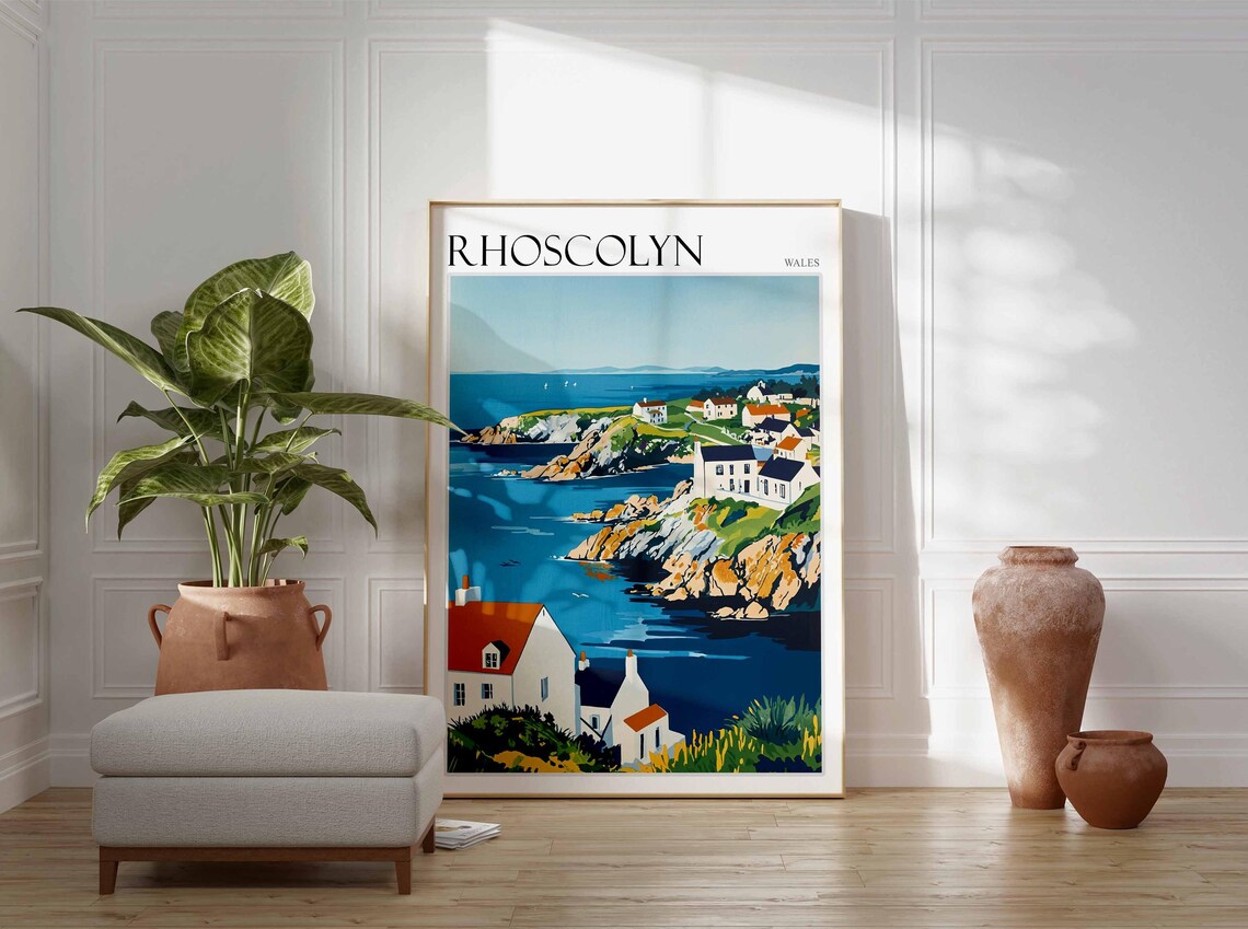 Rhoscolyn Wales Coastal Village Rocky Cove Cottages Illustration Poster - Image 3