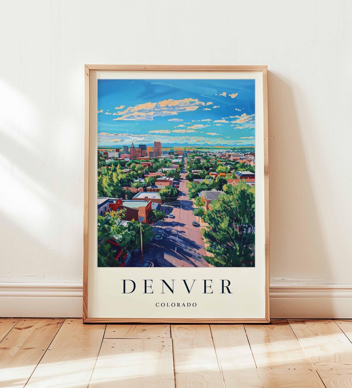 Denver Colorado Tree-Lined Street City Skyline Daytime View Poster