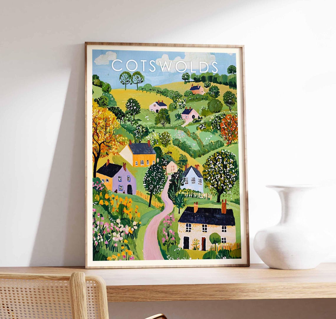 Cotswolds Rolling Hills Stone Cottages England Scenic Art Poster