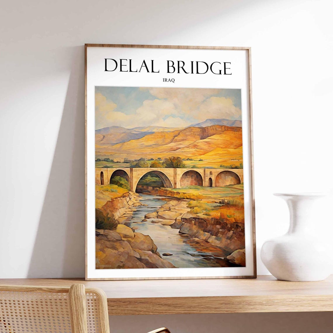 Delal Bridge Iraq Golden Hills River Valley Historic Painting Poster