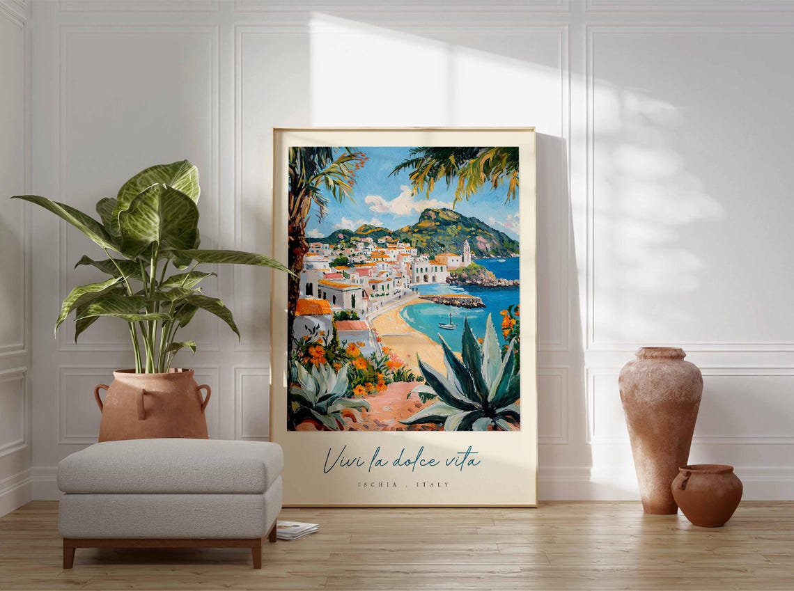 Ischia Italy Whitewashed Village With Palm Trees Travel Poster - Image 3
