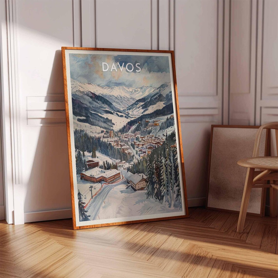 Davos Resort Base Chairlift Over Snowy Slopes Alpine Winter Art Poster - Image 2