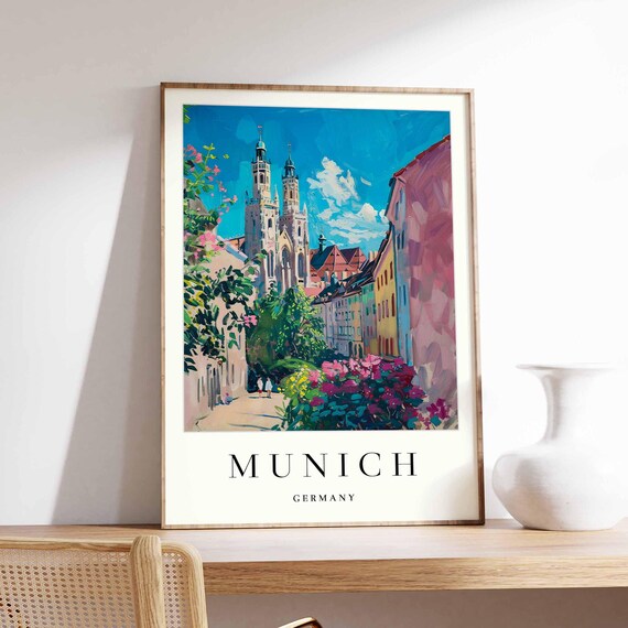 Munich Germany Cathedral Twin Spires Flowered Street Travel Poster