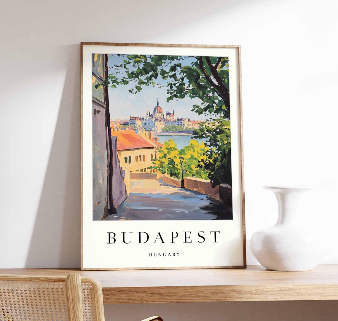 Budapest Parliament Danube View Through Green Trees Travel Poster