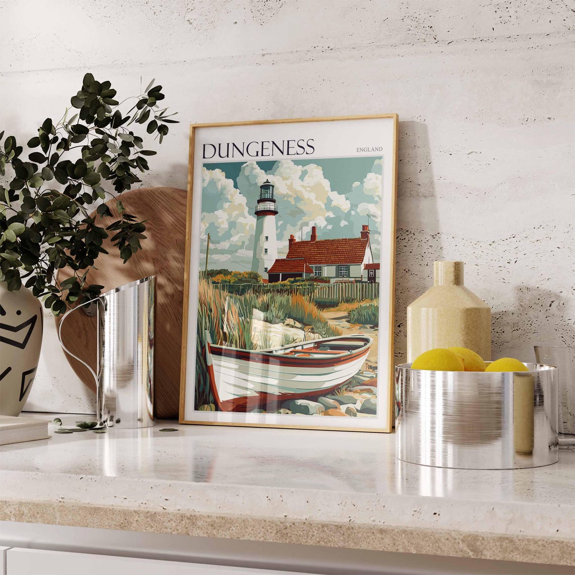 Dungeness England Lighthouse and Rowboat Coastal Scene Poster - Image 2