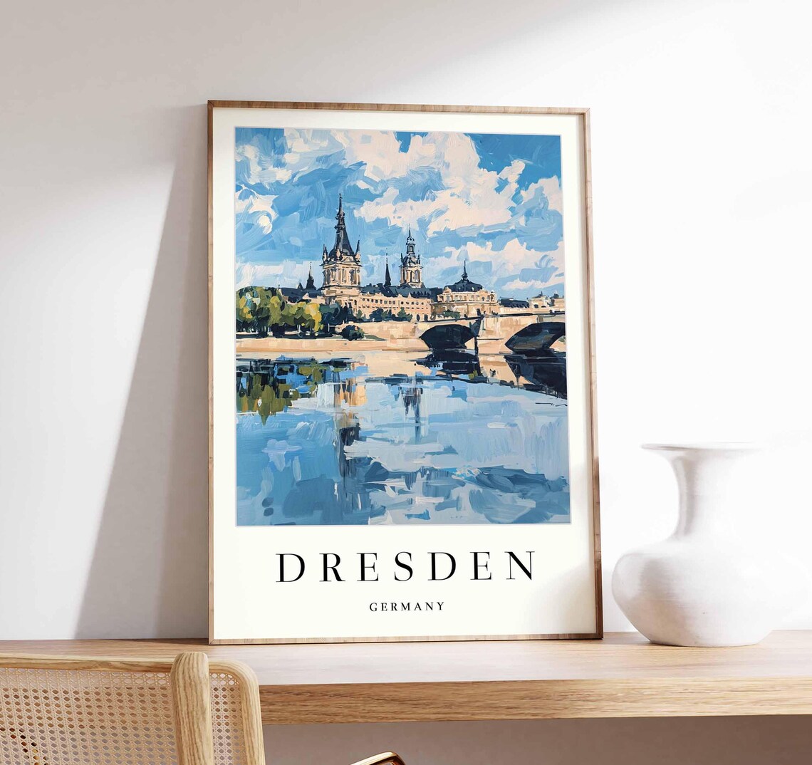 Dresden Germany Church Spires Bridge Cool Blue River Reflections Poster