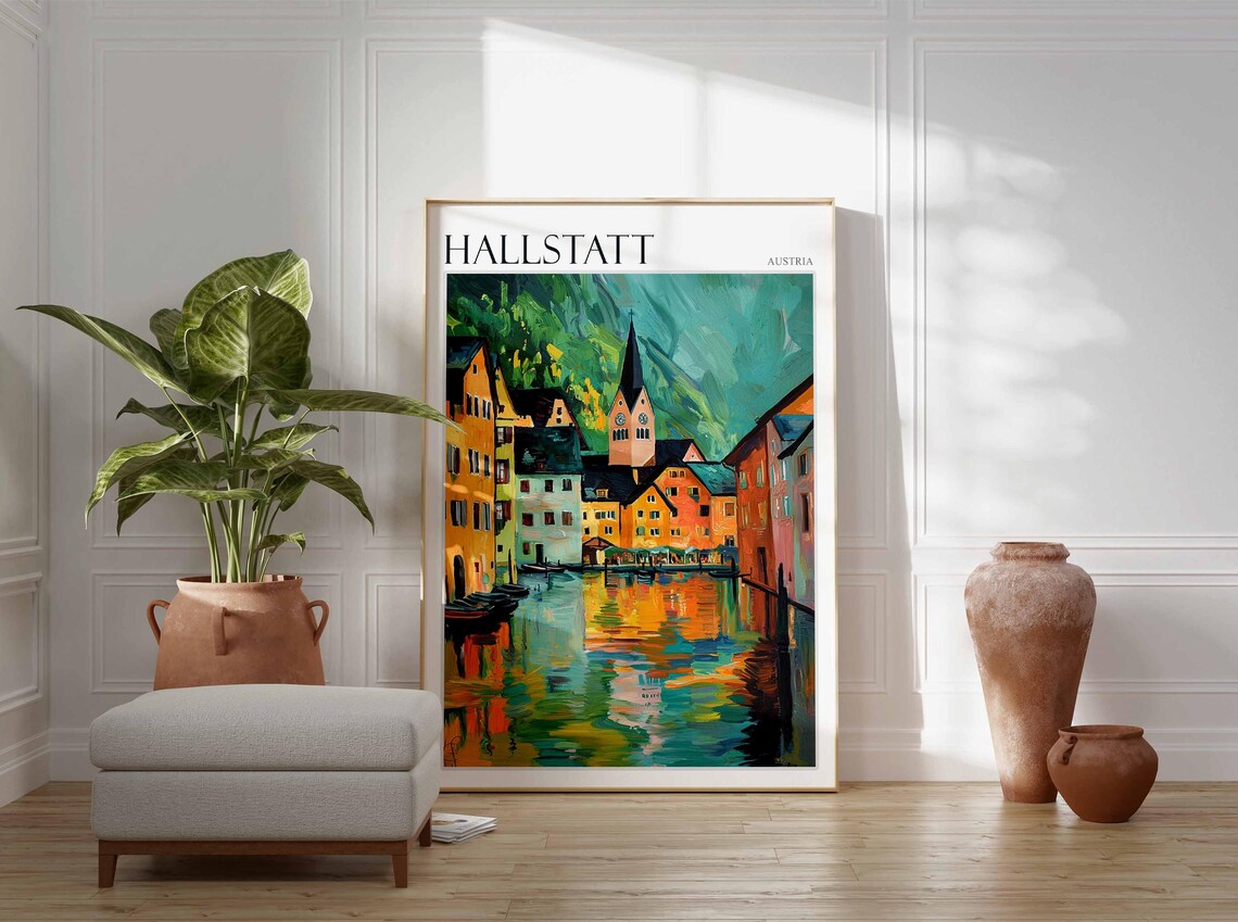 Hallstatt Austria Canal Boats Church Tower Reflection Travel Poster - Image 3