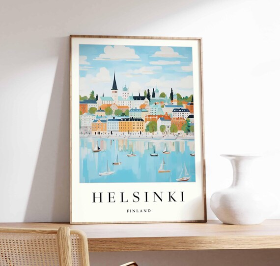 Helsinki Finland Summer Skyline Poster Sailboats on Sparkling Water