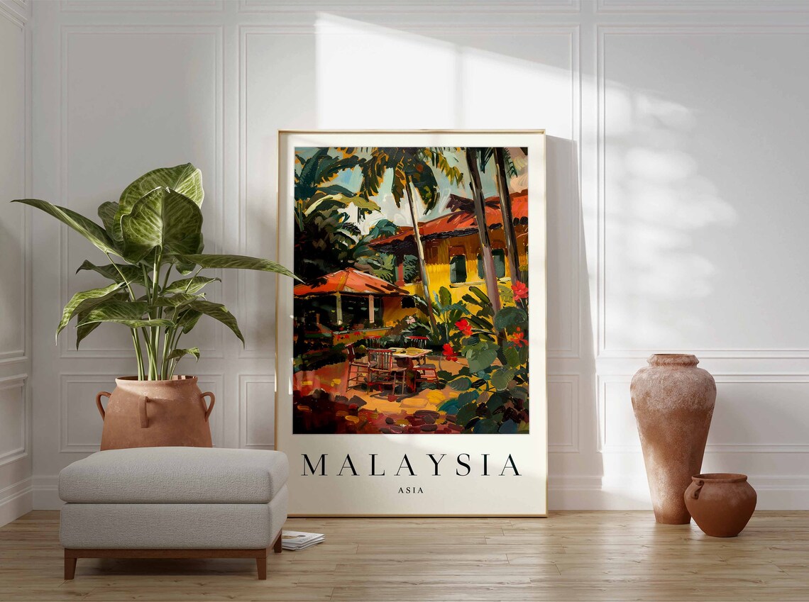 Malaysia Asia Tropical Courtyard Palms Colorful Travel Art Poster - Image 3