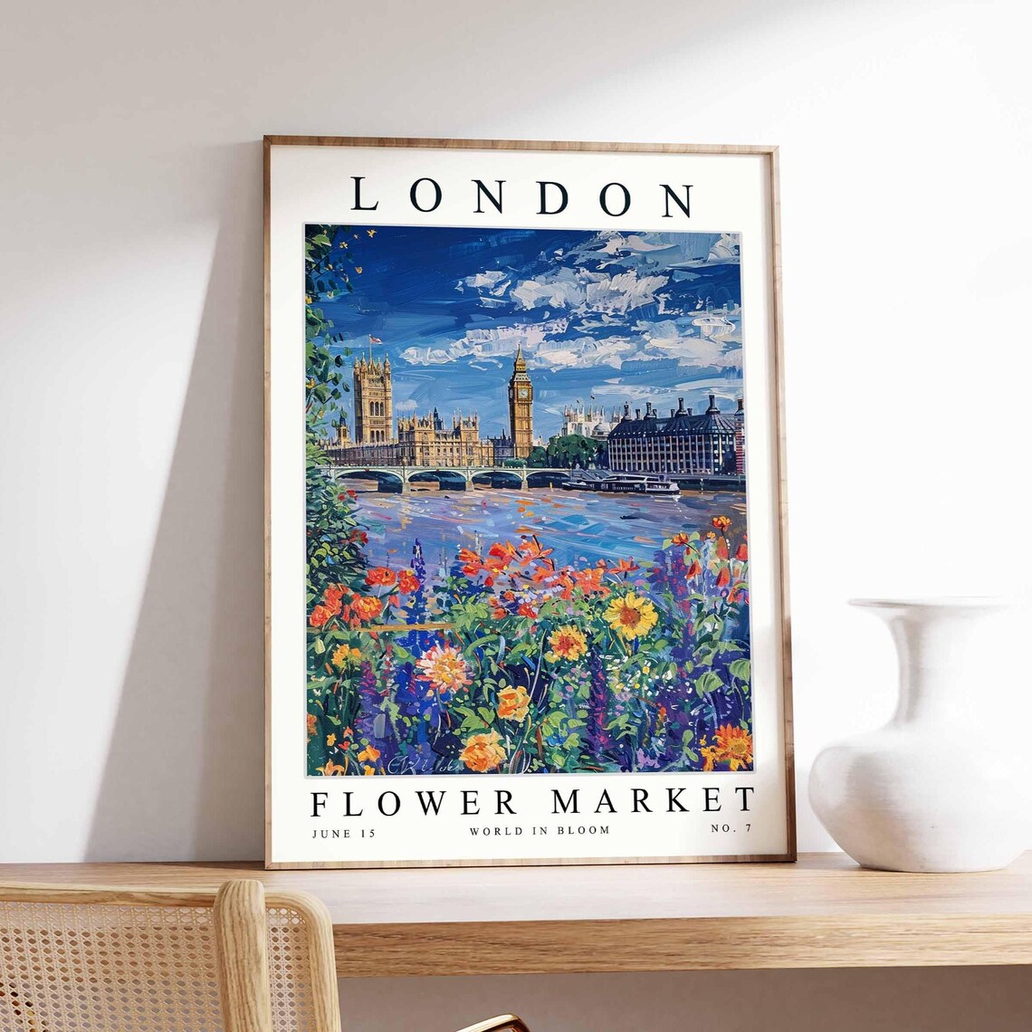 London Flower Market Big Ben Thames Wildflower Vintage Travel Poster
