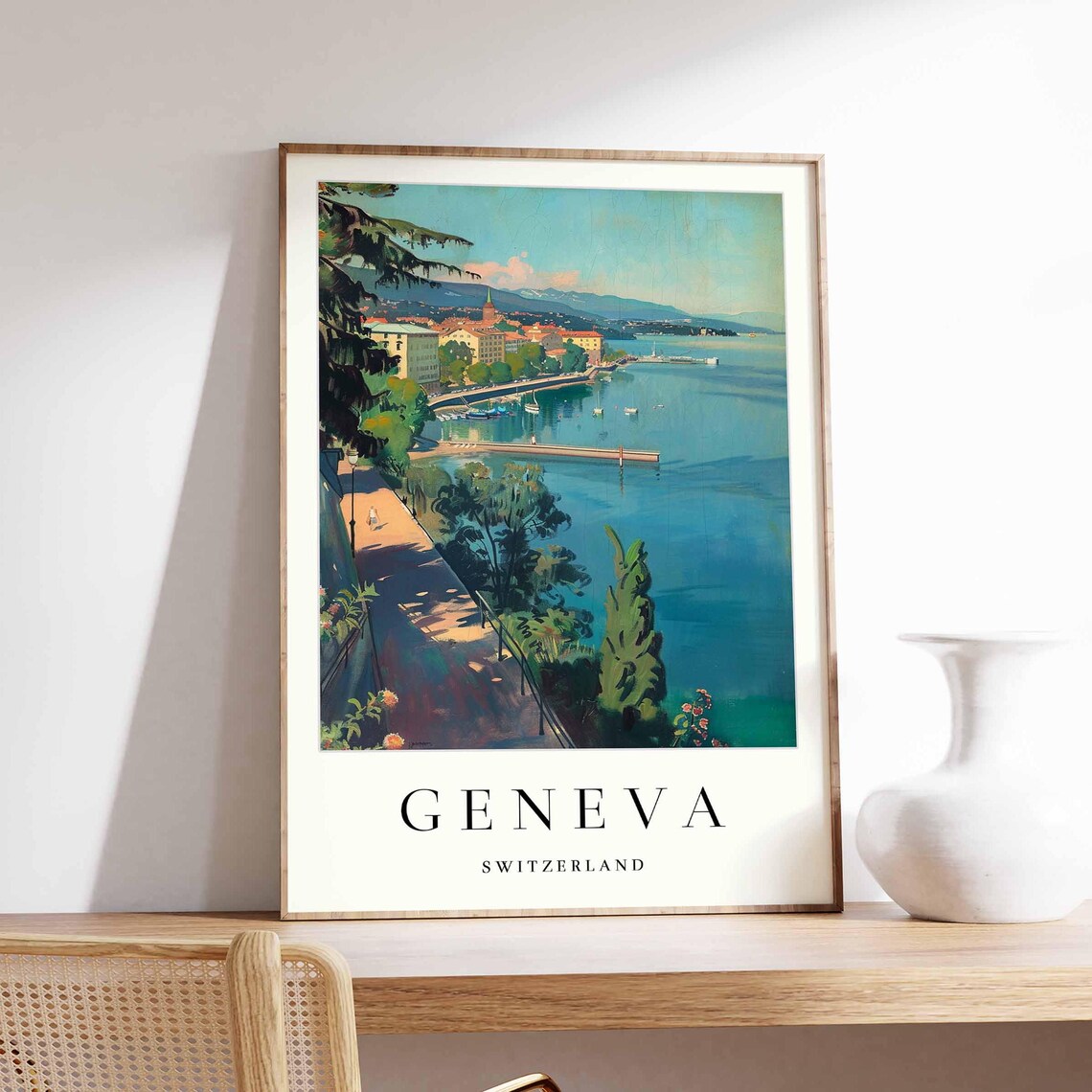 Geneva Switzerland Shaded Lakeside Promenade Town Travel Poster