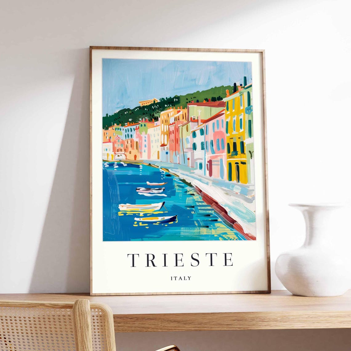 Trieste Italy Harbor Boats and Waterfront Promenade Watercolor Poster