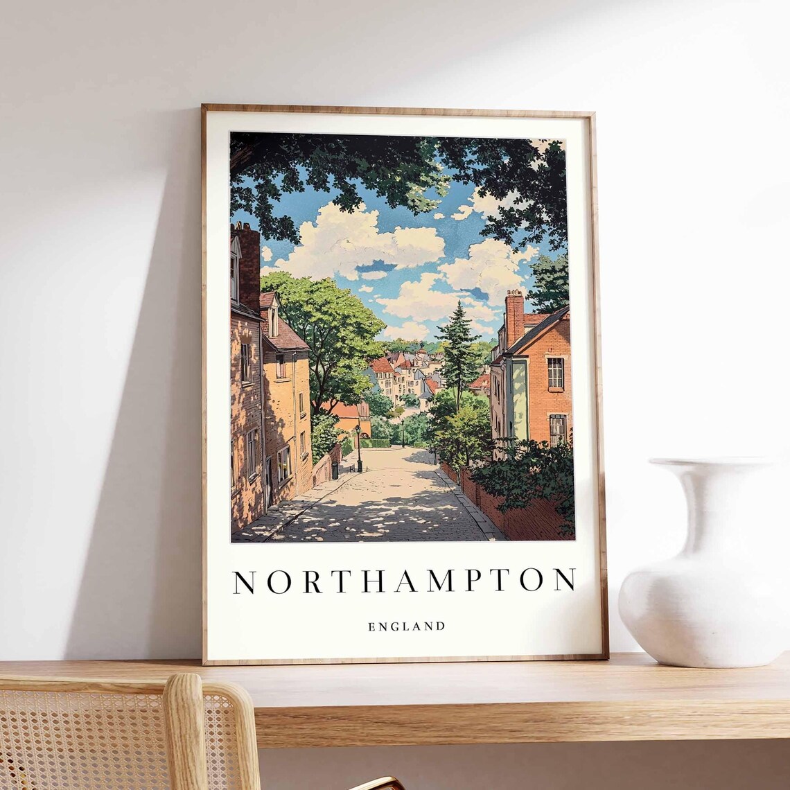Northampton England Historic Brick Street Watercolor Travel Poster