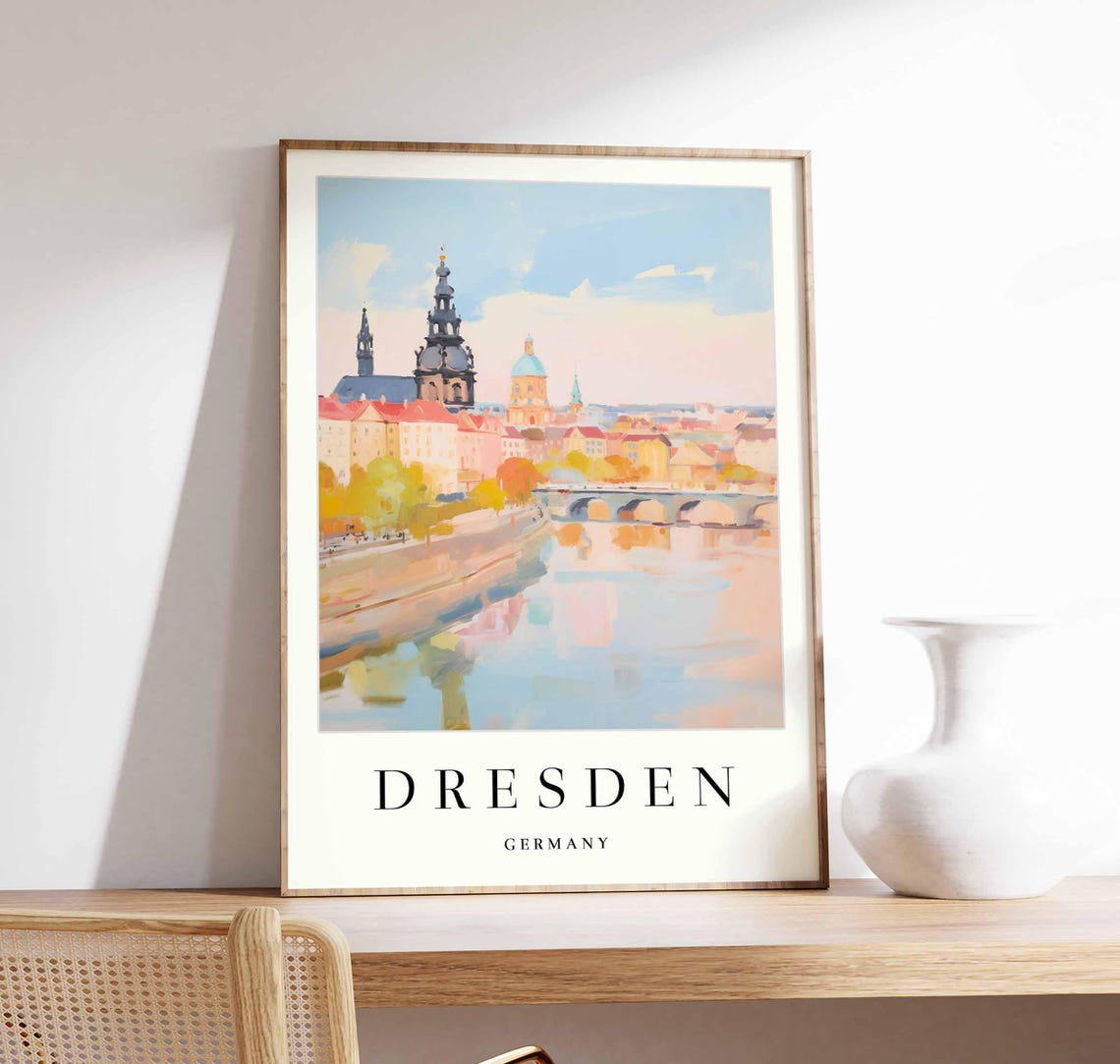 Dresden Germany Soft Pastel Skyline Bridge Dreamy River Scene Poster