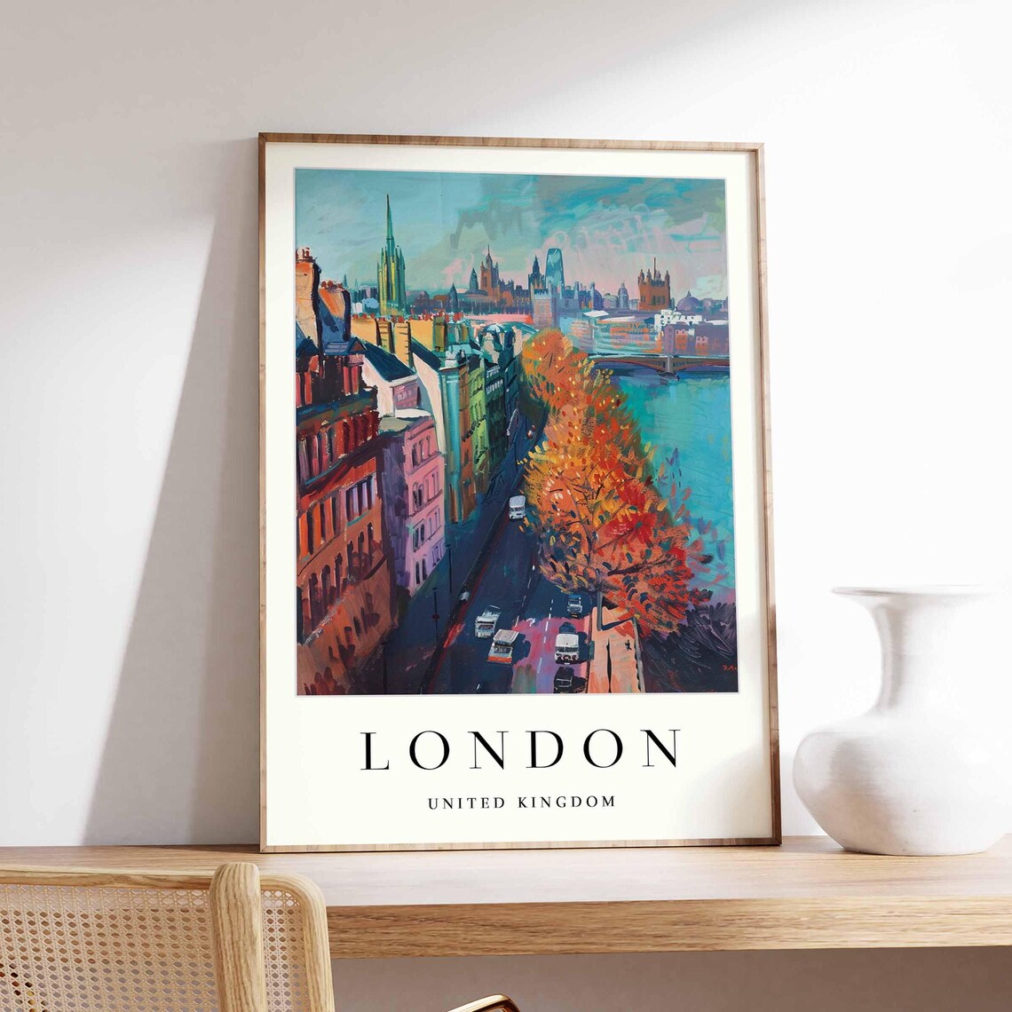 London Autumn Street River Thames City Skyline Travel Poster
