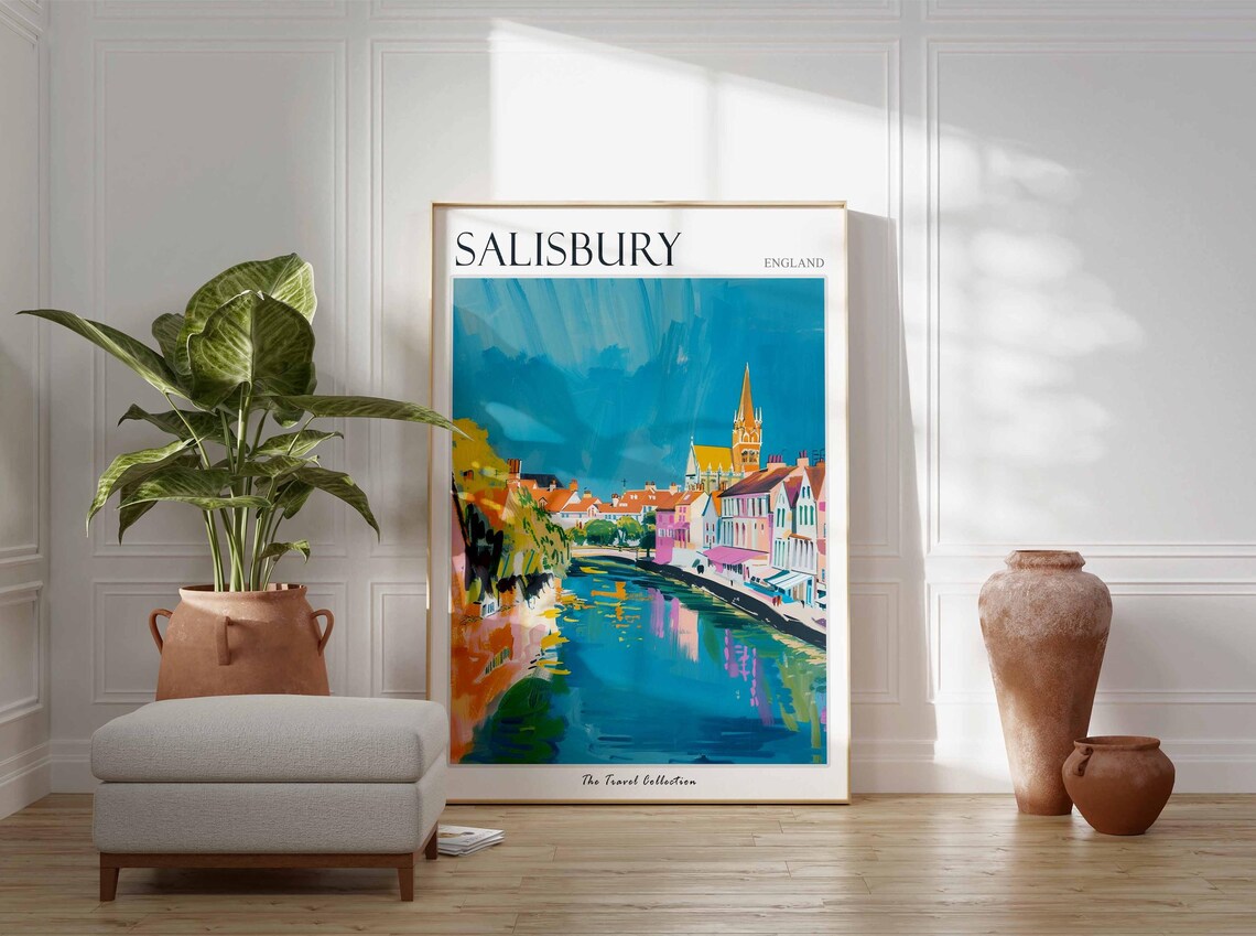 Salisbury England Colorful Riverfront Church Spire Art Travel Poster - Image 3
