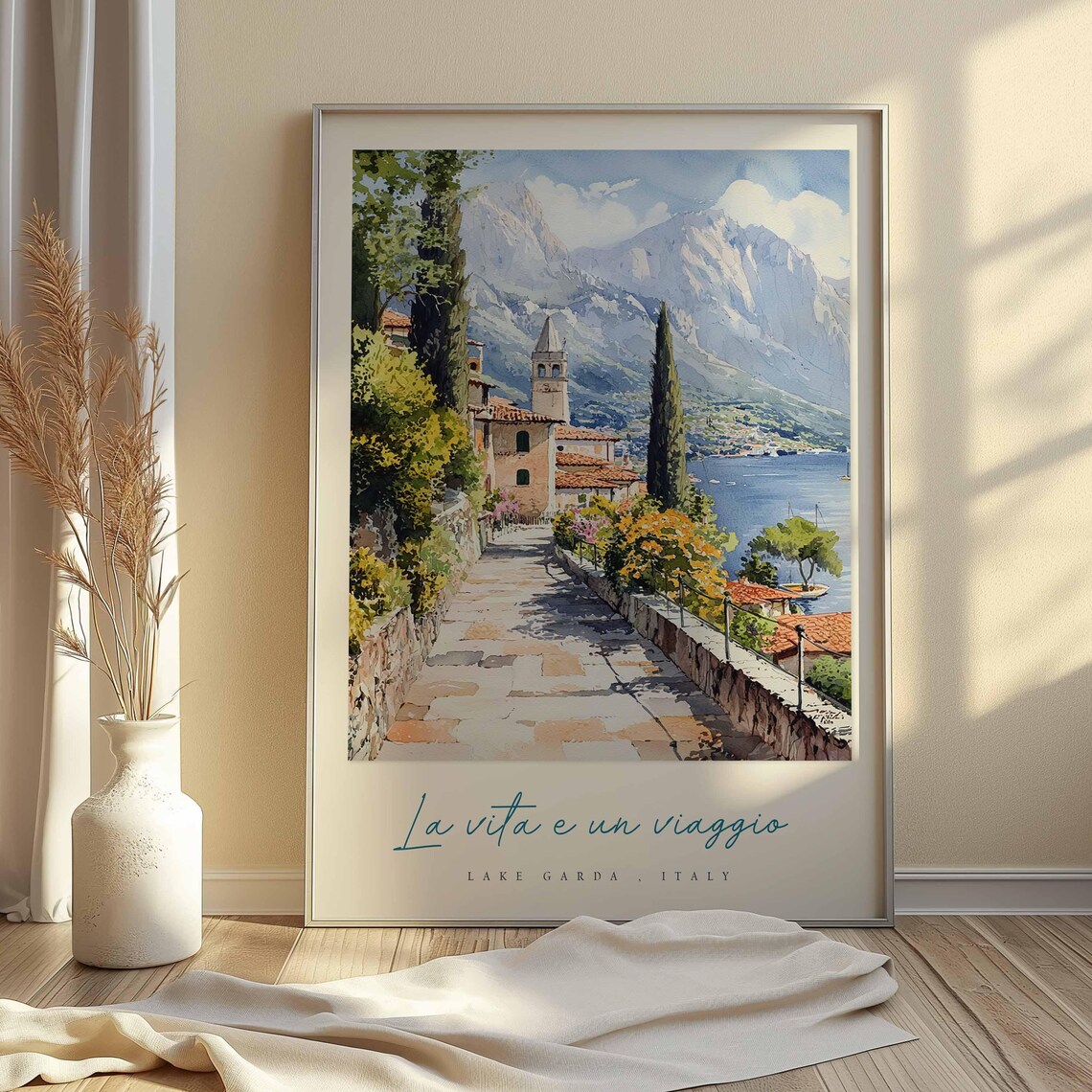 Lake Garda Italy Stone Path Village Church Tower Mountain Vista Poster - Image 2