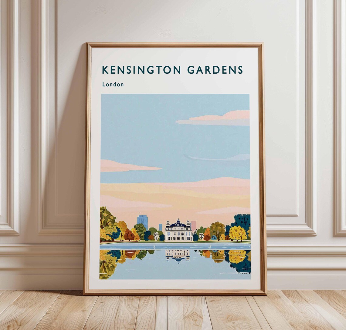 Kensington Gardens London Lake Reflection Vintage Travel Poster