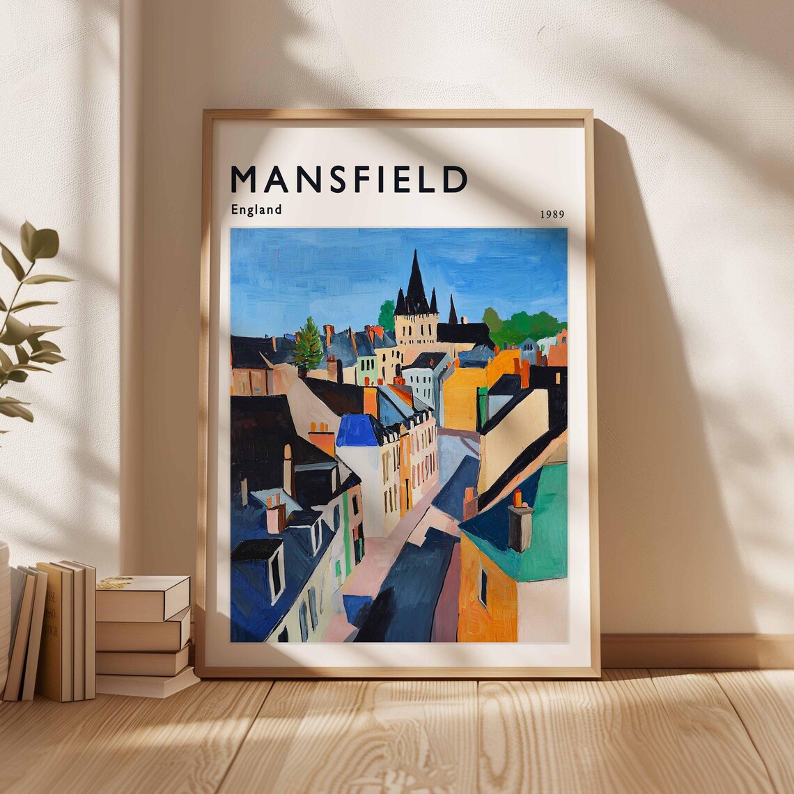 Mansfield England 1989 Rooftops Church Spire Colorful Street Travel Poster