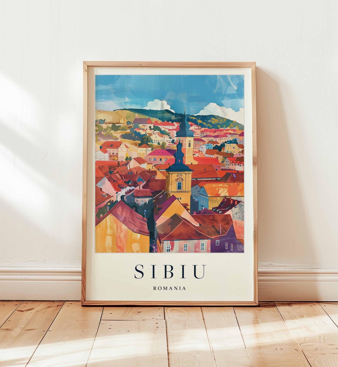 Sibiu Romania Hillside Rooftops Tower Watercolor View Poster