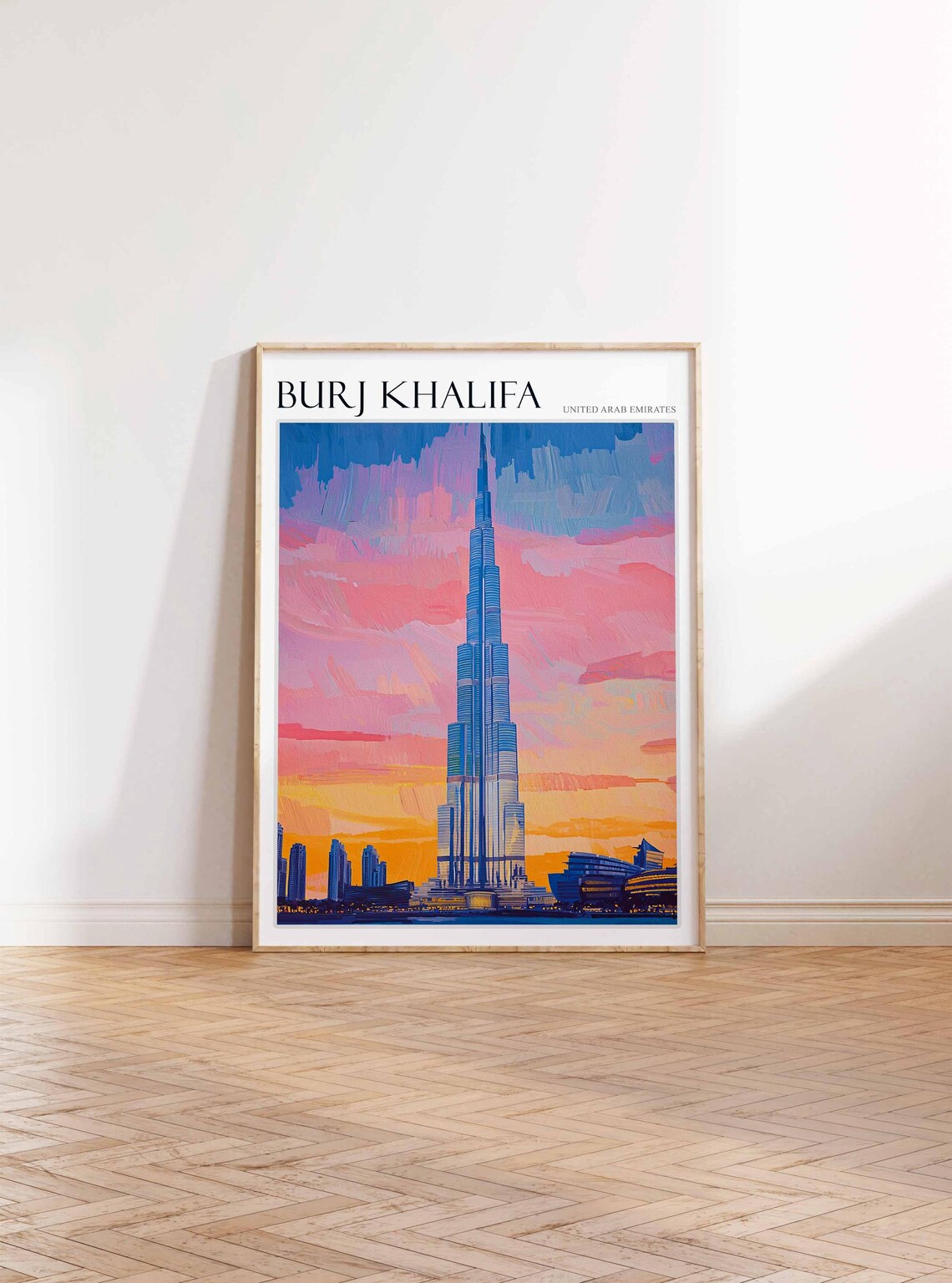 Burj Khalifa Dubai Sunset Skyline in Pink and Orange Oil Poster - Image 3