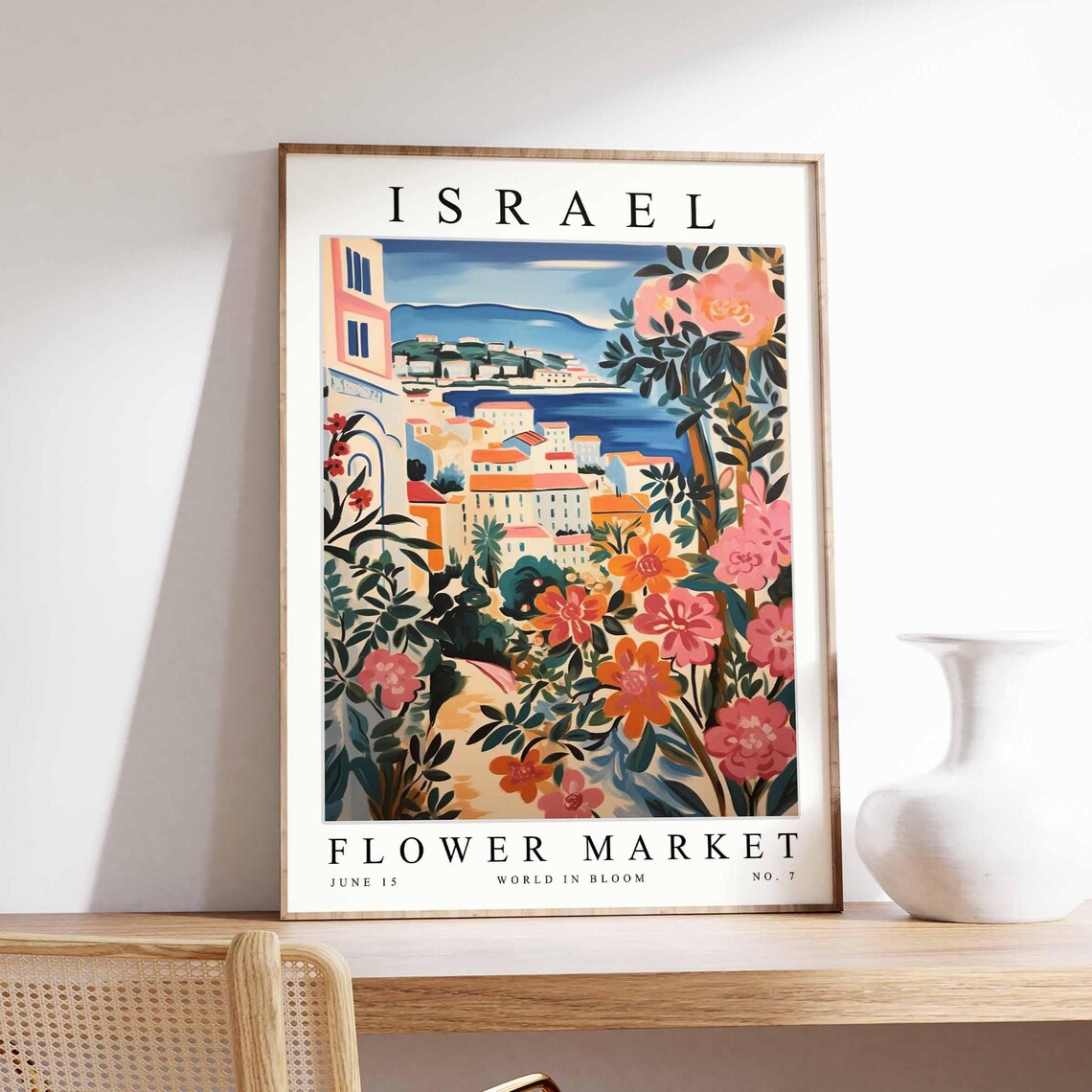 Israel Flower Market Coastal Town Pink Blooms Travel Art Poster